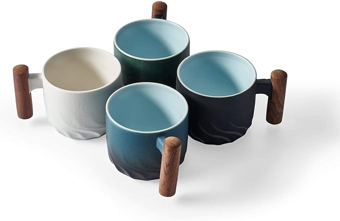 Ceramic Espresso Cups with Wooden Handle Espresso Shot Cups Ceramic Tea Cups Porcelain Demitasse Cups for Coffee or Tea, 2oz (green, 2)