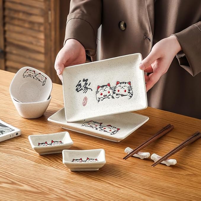 10 pcs Japanese Sushi Plate Sets Serving Platters and Trays for Entertaining Sushi Dishes Set Plates Sushi Plates Traditional Cuisine Dinnerware Sets with Chopsticks Cat