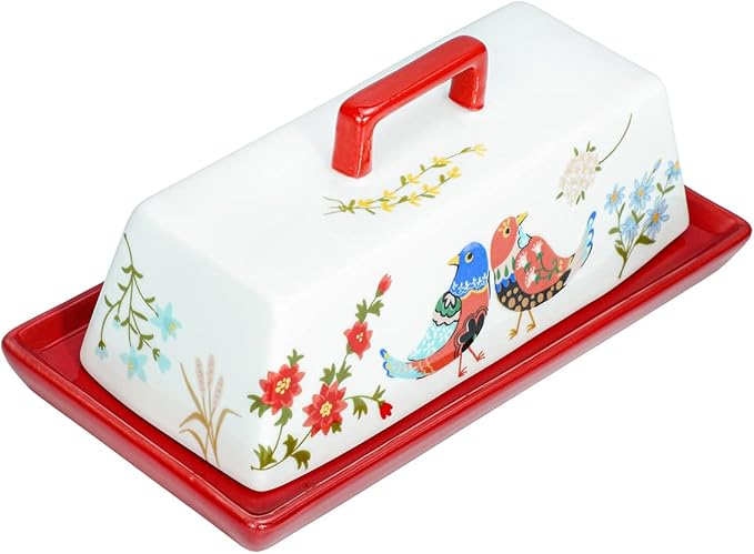 Sizikato Porcelain Butter Dish with Lid, Red Flower and Bird Pattern-7.5 Inch