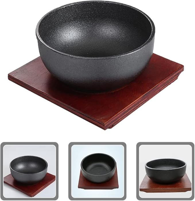 Zerodeko Noodle Bowl Dolsot Bibimbap Bowl Cast Iron Korean Stone Sizzling Hot Pot Cooking Korean Soup with Wood Base for Soup Rice Stew s