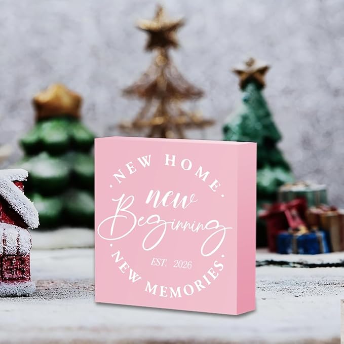 Rustic 2026 New Home Housewarming Gifts Ideas for Women Men Friend Home Desk Shelf Decor - 5.1 x 5.1 Inches New Memories Decor Accessories - Pink