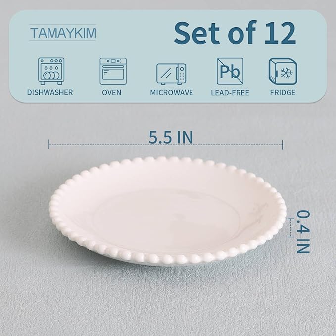TAMAYKIM 5.5 Inch Porcelain Dessert Plates, Appetizer Plates, Round Small Dinnerware Sets, Scratch Resistant, Microwave, Oven, and Dishwasher Safe, White with Pearl Dots, Set of 12