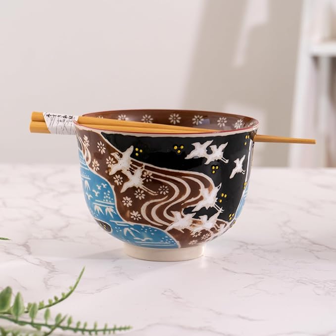 Urban Tokyo Handpainted Ceramic Glazed Japanese Ramen Udon Noodle Rice Bowl With Chopsticks 20 fl oz 5 inch Diameter Bowl Sets Color Box Packaging (Japanese Crane in Flight)