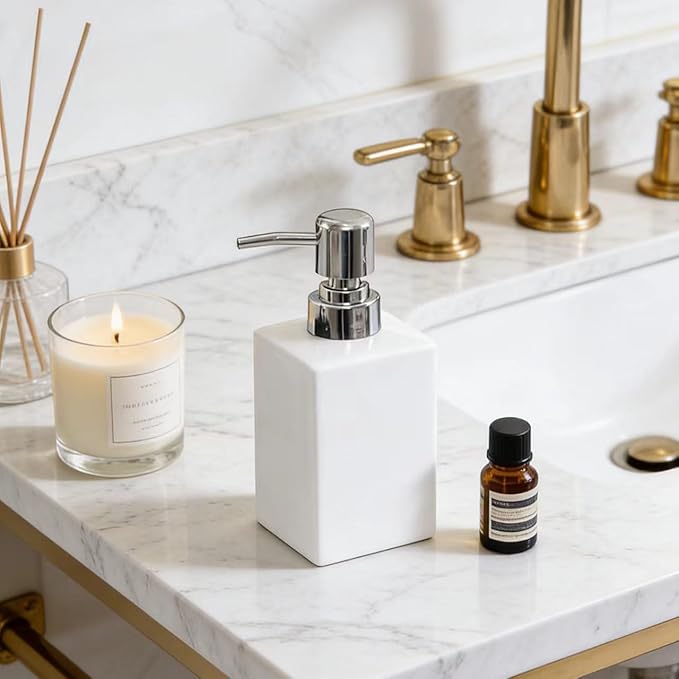 11OZ White Soap Dispenser,Modern Marble Square Liquid Dish Countertop Lotion Hand Dispenser for Bathroom Kitchen Farmhouse Hotel