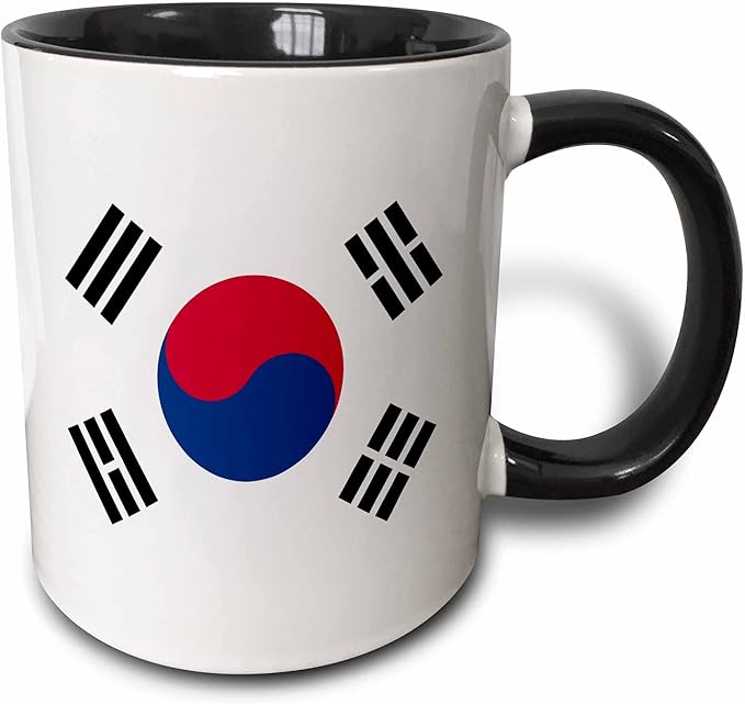 3dRose Flag of South Korea - Korean white red blue taegeuk circle black trigrams - Taiji Yinyang Taegeukgi 15oz Two-Tone Black Mug