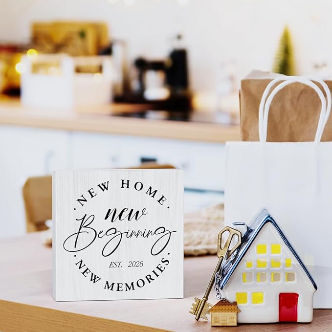Rustic 2026 New Home Housewarming Gifts Ideas for Women Men Friend Home Desk Shelf Decor - 5.1 x 5.1 Inches New Memories Shelf Table Decor Desk Accessories - White