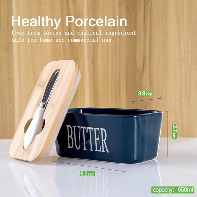 Hasense Porcelain Butter Dish with Bamboo Lid - Covered Butter Keeper with Butter Knife for Countertop, Airtight Butter Container with Cover Perfect for East West Coast Butter, Blue