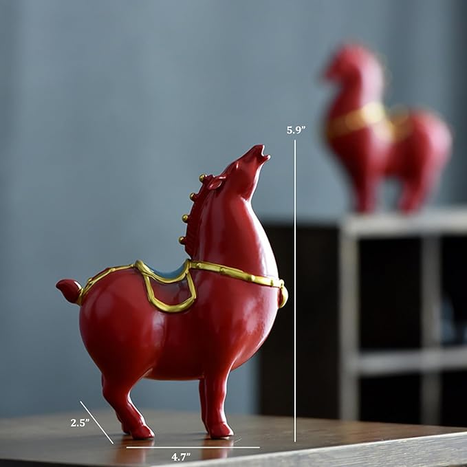 Horse Statue, Ceramic Tang Horse Feng Shui Figurine for Success, Creative Red Horse Sculpture Crafts for Home Office Decor, 5.9" H
