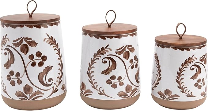 TTU Tabletops Gallery Ceramic Canister Collection- Stoneware Designed Kitchen Storage Acacia Wood White Set, 3 Piece Botanical Brown Canister Set