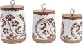 TTU Tabletops Gallery Ceramic Canister Collection- Stoneware Designed Kitchen Storage Acacia Wood White Set, 3 Piece Botanical Brown Canister Set