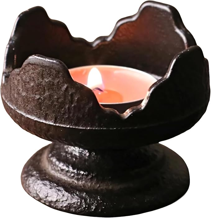 Japanese Style Cast Iron Candle Holder, Small Handmade Vintage Candlestick Holders, Rustic Pillar Candle Holder, Farmhouse Candle Stand for Fireplace Shelf Home Decor (2.24" Tall Pattern)