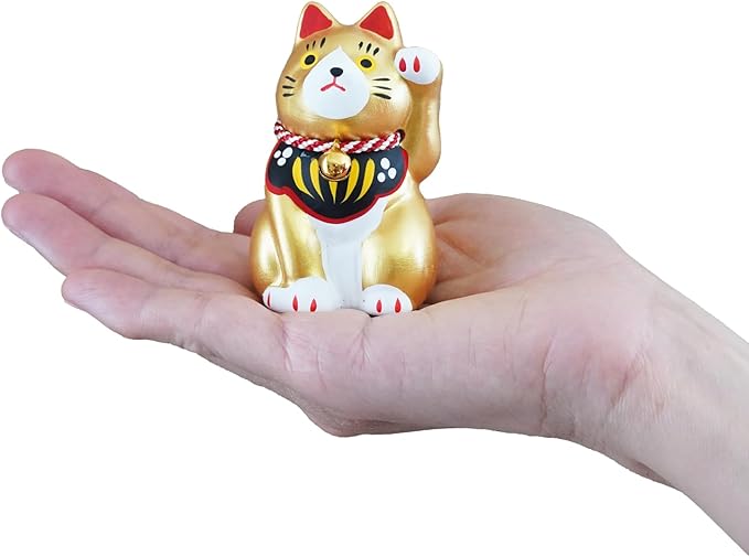Maneki-Neko Lucky Cat, 2.7 Inches | Hand-Painted Ceramic Fortune and Prosperity Talisman | Artisan Crafted Desk and Room Decor | Made in Japan (Gold)