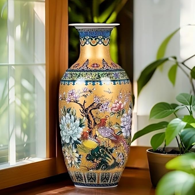 14" Jingdezhen Large Fishtail Ceramic Vase Golden Handmade Home Decorative Vase, Modern Luxury Accent for Living Room, Wedding, or Gift. Elegant Floral Arrangement Centerpiece. (G)