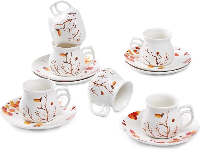 GuangYang 2.5 oz Espresso Cups and Saucers set of 6,Fall Design (Cute Shape for Double Espresso Shots, Ristretto, Macchiato,Café Cubano, and Turkish Coffee)