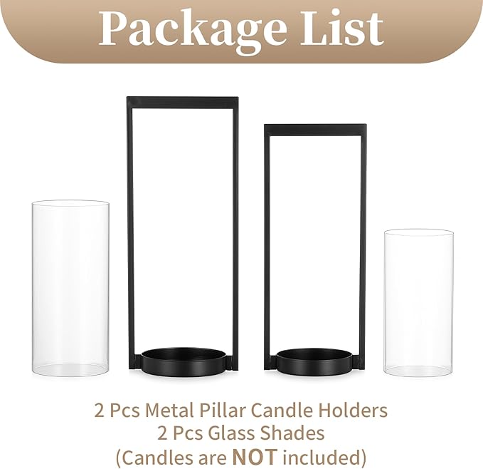 Sziqiqi Hurricane Candle Holder for Pillar: Black Modern Candle Holders for Table Centerpiece - Geometric Candle Stand Set of 2 with Glass for Living Room Fireplace Christmas Decor