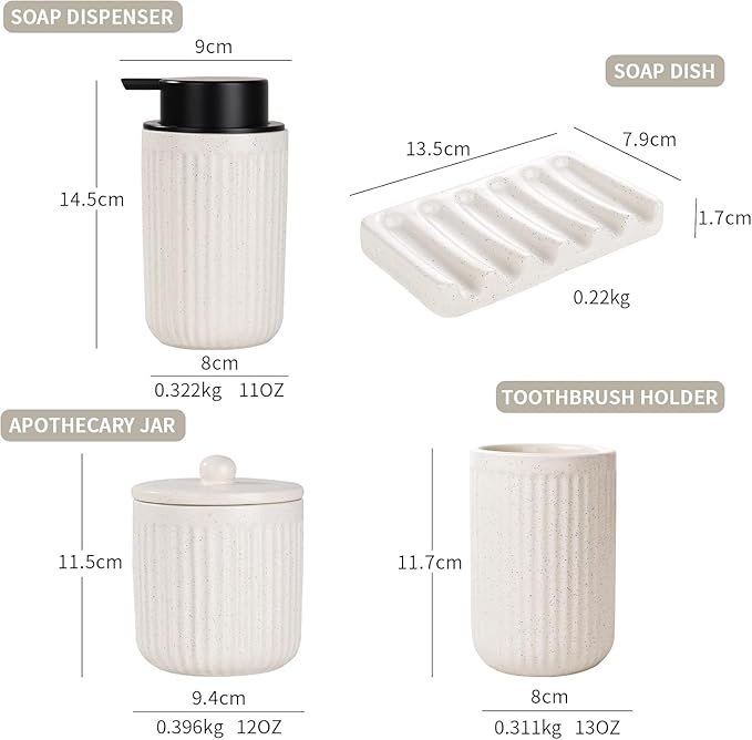 BosilunLife Beige Bathroom Accessories Set - Ceramic Bathroom Counter Soap Set Bathroom Decor Sets Accessories Bathroom Lotion Soap Dispenser and Toothbrush Holder Set, Soap Dish, Apothecary Jars