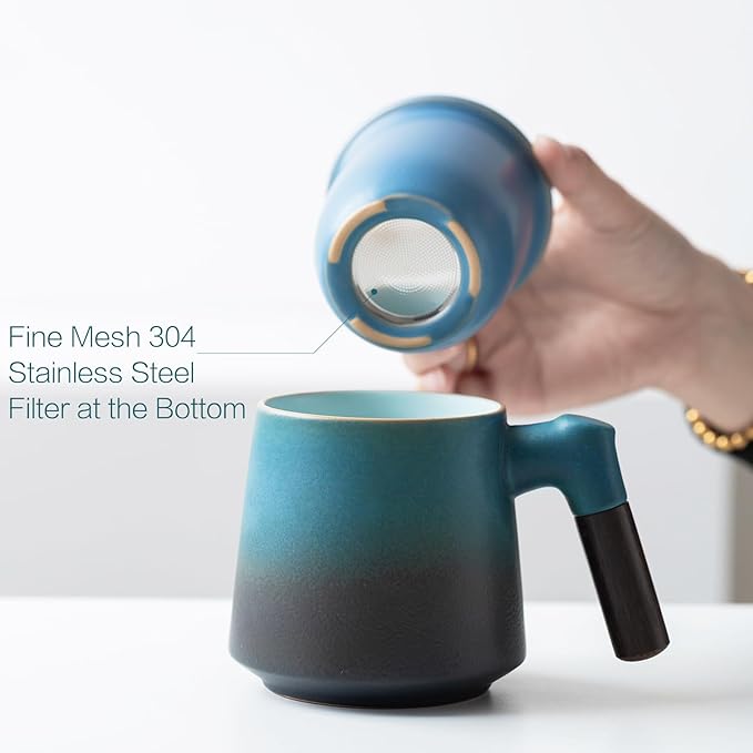 ZENS Tea Cup with Infuser and Lid for Loose Leaf Tea Steeper, 12oz Gradient Blue Tea Mug with Fine Strainers, Wood Handle Tea Mugs for Hot Diffusers Accessories for Tea Lovers Gifts