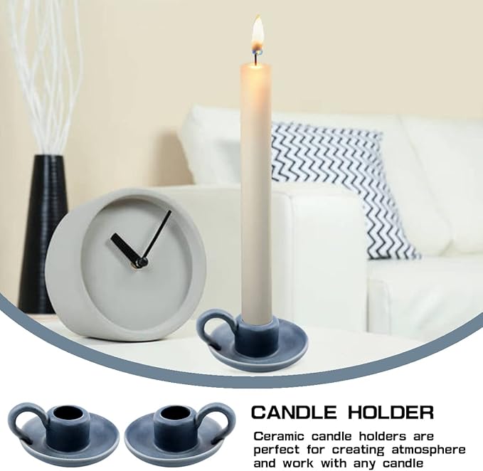 Set of 2 Ceramic Candle Holders，Taper Candle Holder with Handle Nordic Style Candle Burning Display Holder for Home Wedding Party Anniversary Housewarming Gifts （Blue）