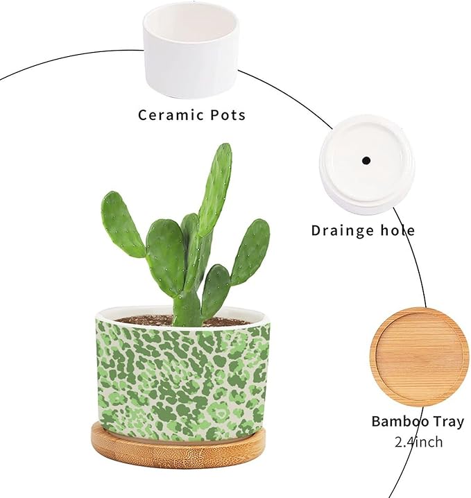 Leopard Green Beige Planters Ceramic Chinoiserie Style Green Round Flower Pot with Drainage Holes and Bamboo Tray Pot for Pots Outdoor Indoor Plants
