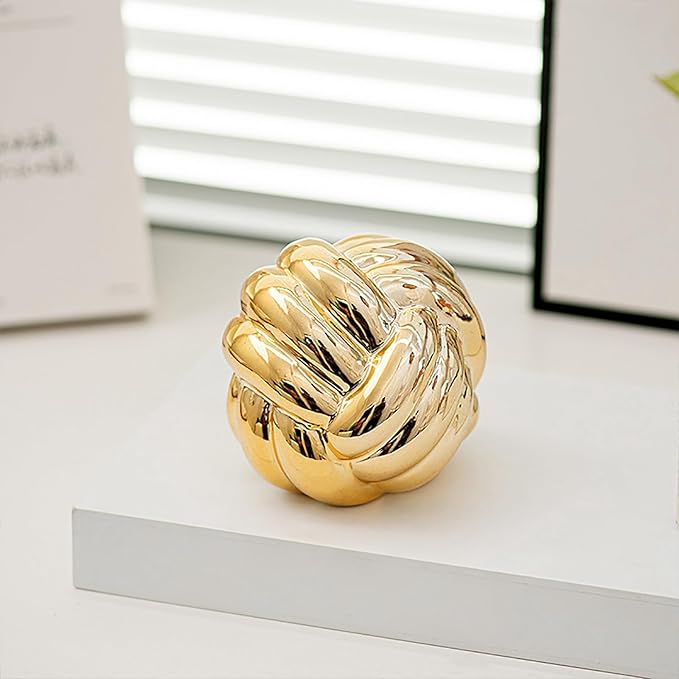 Hotfiary Small Ceramic Knot Statues Gold Home Decor, Modern Style Figurine Decorative Ball Ornaments, Sculpture Aesthetic Decor for Living Room, Bedroom, Apartment, Bookshelf, Office, Cabinets