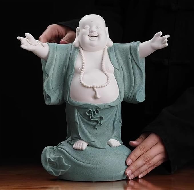RUVOO Buddha Statue Outdoor, 12.2inch Buddha Statue Ceramics Sculptures Big Belly Happy Laughing Buddha for Home Office Desktop Decor Zen Garden Decor(A)