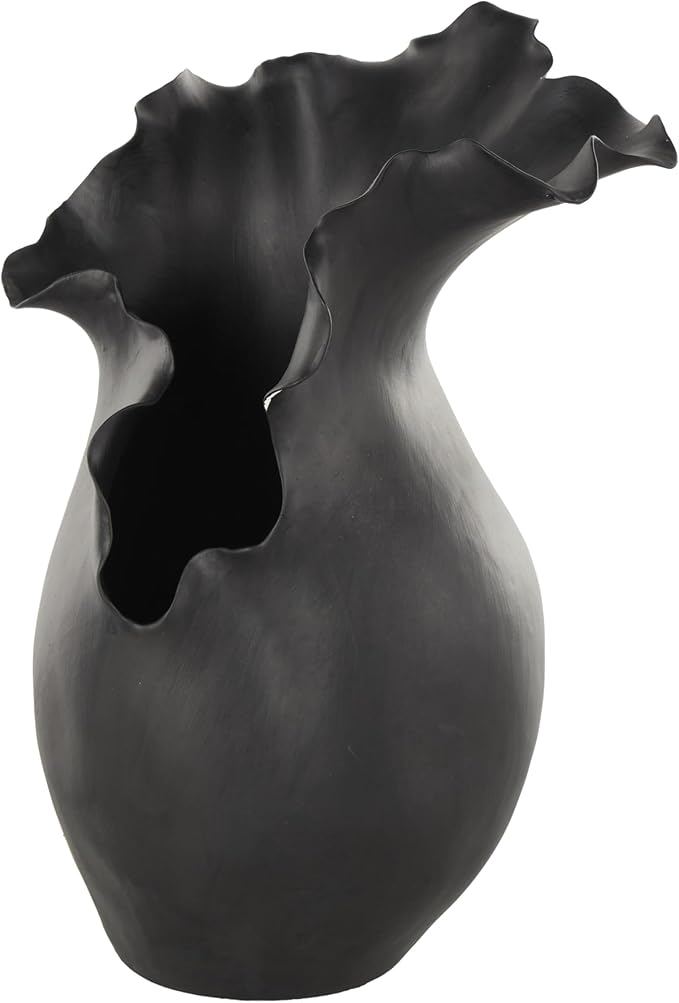 Deco 79 Ceramic Abstract Decorative Vase Floral Inspired Centerpiece Vase with Wavy Edge, Flower Vase for Home Decoration 10" x 8" x 16", Black