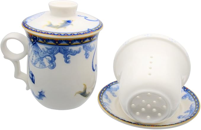 Porcelain Tea Cup with Infuser Lid and Saucer Sets - Chinese Jingdezhen Ceramics Coffee Mug Teacup Loose Leaf Tea Brewing System for Home Office
