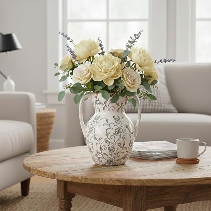 Emotionally Grounded Vase, Vaseking Large Ceramic Rustic Vase with 2 Handles, 8.3 inch Minimalist Decorative Farmhouse Tall Vases for Home Decor, Living Room, Enterway, Table Decoration, Gray Floral