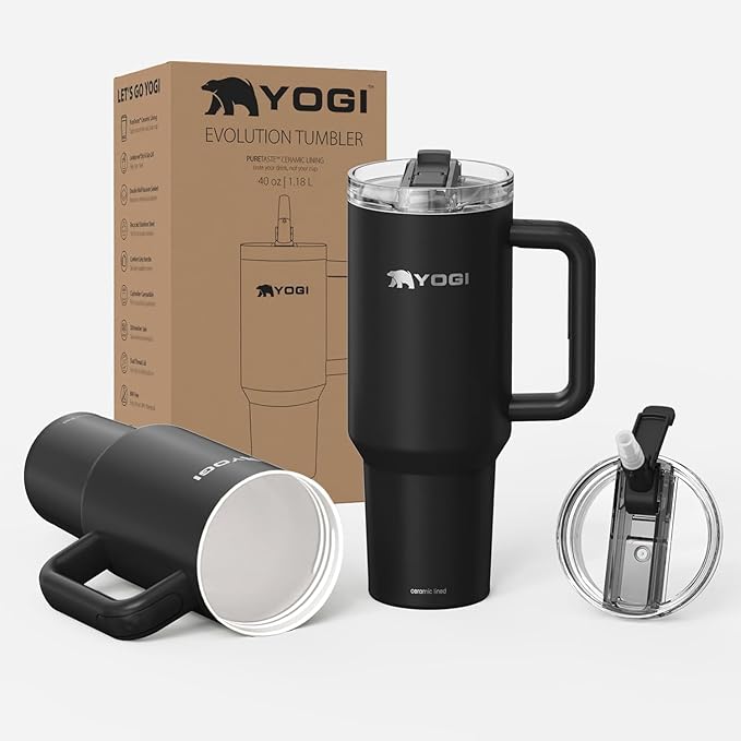 YOGI Ceramic Lined Metal Allergy Safe 40oz Tumbler with Handle and Straw Leakproof Flip & Sip Lid Vacuum Insulated Stainless Steel Travel Cup for Iced Coffee Water and All-Day Hydration 40oz Onyx