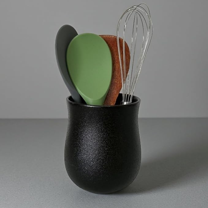 Short Kitchen Utensil Holder for Kitchen Counter, Ceramic Small Utensil Crock & Vase & Holder for Cutlery Spatula Brush Silverware Cooking Utensil Holder (Matte Black)