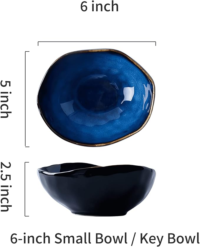 Ceramic Decorative Bowl, Blue Pottery Key Bowl, Porcelain Versatile Decor, Small Jewelry Trinket Dish with Blue Glaze for Gift Decor Entryway Bedroom (6'' Bowl)