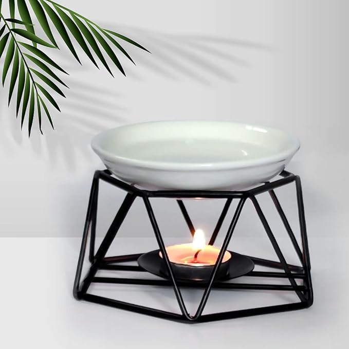 SXCHEN Delicate Romantic Hexagon Shaped Geometric Design Ceramic Tealight Candle Holder Oil Burner, Essential Oil Incense Aroma Diffuser Furnace Home Decoration Stylish Design Black Metal