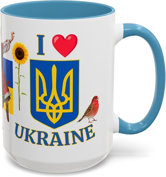 I Love Ukraine 15 oz Coffee Mug - Gift - Christmas Birthdays Gift; Tea Cup (Light Blue Handle)