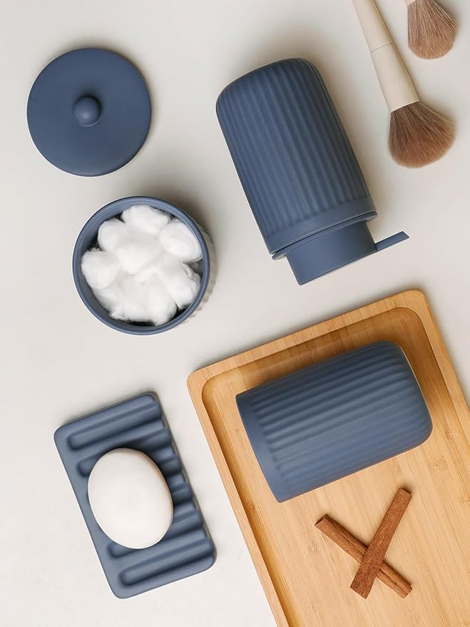 INGOFIN 4 Pcs Ceramic Bathroom Accessory Set - Liquid Soap Dispenser, Toothbrush Holder,Contain Cotton Swab Jar & Soap Dish,Countertop Accessories for Home, Guest Bathroom, Office, Matte Blue