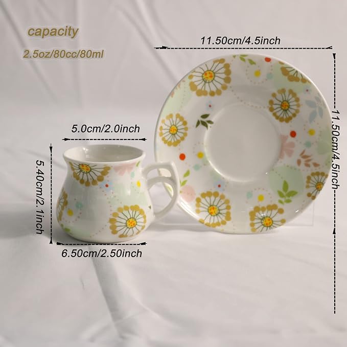 GuangYang 12 pieces Expresso Cups and Saucers for 6 People,2 oz Turkish Coffee Cup set of 6,Lucky Floral Pattern,Good Gift Set