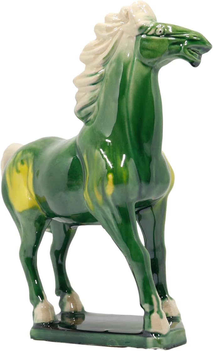 Handmade Chinese Ceramic Horse Sculpture - 9 Inch Tang Dynasty Tri-Color Porcelain Figurine, Museum Quality Home Office Desk Decor, Authentic Cultural Art Piece - Symbol of Strength & Success (Green)