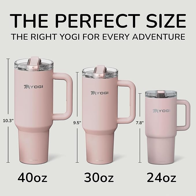 YOGI Ceramic Lined Metal Allergy Safe 40oz Tumbler with Handle and Straw Leakproof Flip & Sip Lid Vacuum Insulated Stainless Steel Travel Cup for Iced Coffee Water and All-Day Hydration 40oz Peonypink