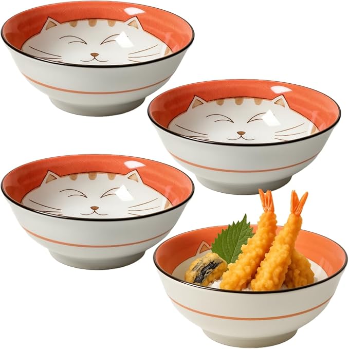 JapanBargain Set of 4 Japanese Porcelain Bowls, Large 7.5 Inch Ramen Udon Noodle Rice Soup Pho Poke Cereal Bowl, Maneki Neko Smiling Lucky Cat Pattern, Pink, Made in Japan