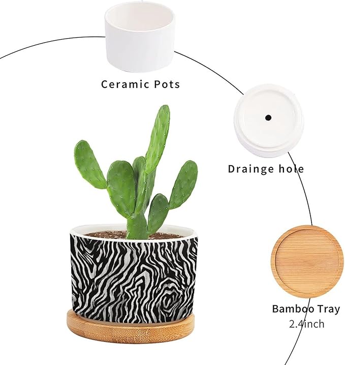 in Beige Planters Ceramic Black White Zebra Print Round Plant Pots with Drainage Holes and Bamboo Tray Pot for Pots Outdoor Indoor Plants