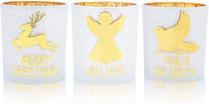 Rancco Votive Candle Holders, Christmas Gold Silver Glass Tea Light Candle Holder Set of 3 with Elk, Angel, Peace Dove, Candle Holder for Christmas Table Centerpieces, Birthday, Home Tea Party Decor