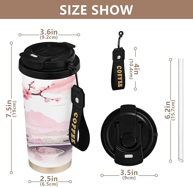 Asian Style Pink 17oz Insulated Coffee Mug with Dual-Function Lid, Ceramic Lined Travel Tumbler for Pure Taste, Stainless Steel Water Bottle with Straw, Fits Cup Holders