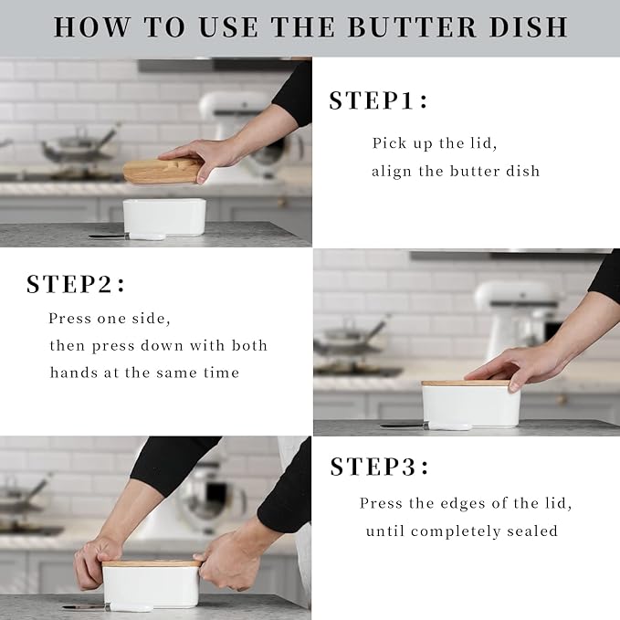 GDCZ Large Ceramic Butter Dish for Countertop Butter Keeper with Silicone Sealing, Natural Wooden Lid and Stainless Steel Knife, Kitchen Decor and Accessories for Kitchen Gifts (White)