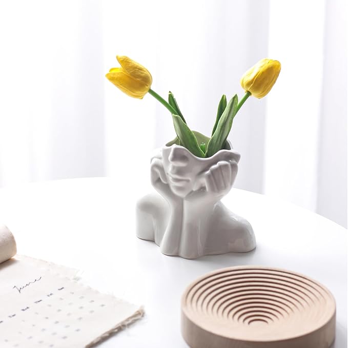 Ceramic Face Vase - Cute Half-Body Female Head Planter for Flowers, Modern Farmhouse Decor - Perfect for Desk, Table & Bookshelf, Home Accent (Small)