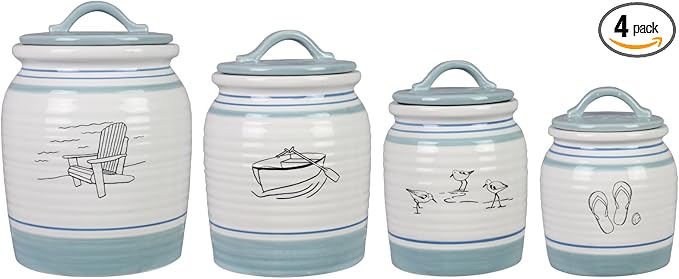 Young's Inc Ceramic Lake Cabin Canister Set with Coastal Lodge & Woodland Designs| Decorative Kitchen Storage Jars for Sugar,Coffee,Flour & Snacks–Rustic Farmhouse Lakehouse Countertop Decor with Lids