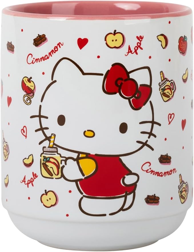 Silver Buffalo Sanrio Hello Kitty Cinnamon Apples Asian Ceramic Tea Cup | Traditional Japanese-Inspired Mug Without Handle | Holds 12 Ounces