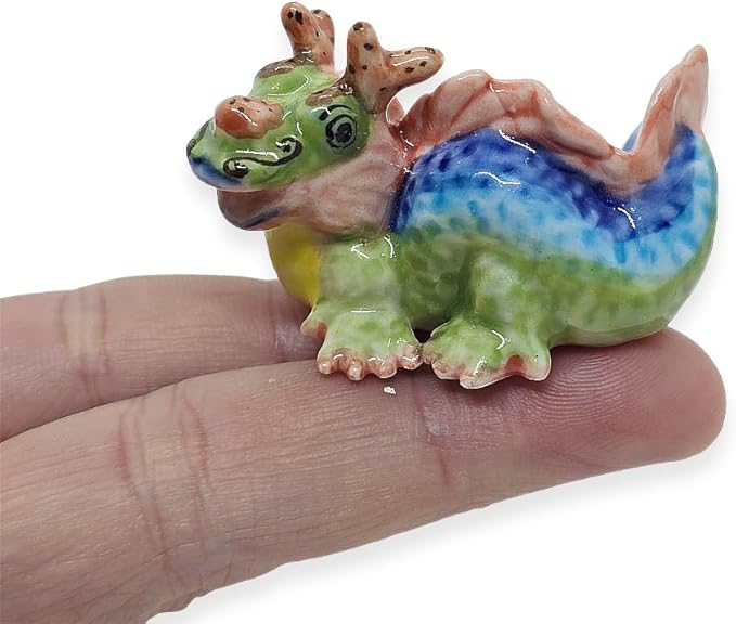 WitnyStore Tiny 1¾" Long Green Red Chinese Dragon Figurine - Miniature Hand Made Painted Ceramic Asian Dragons Mythical Creature Animals Colorful Decorative Collectible Figurines Home Décor Gifts