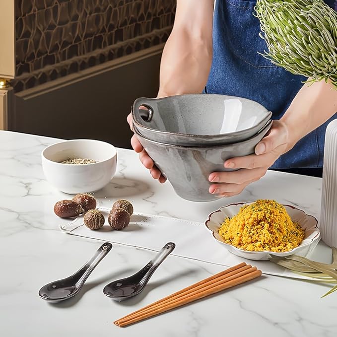 KOOV Porcelain Ramen Bowls and Spoons Set of 2, Japanese Ramen Noodle Bowl with Chopsticks and Spoons, 26 Ounce Deep Pho Bowl, Reactive Glaze (Variable Grey)