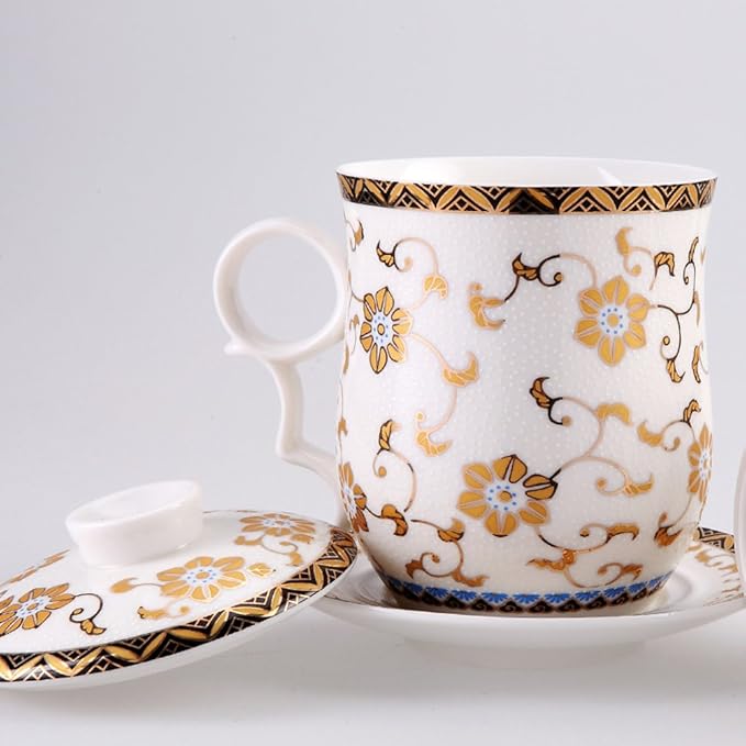 Porcelain Tea Cup with Infuser Lid and Saucer Sets - Chinese Jingdezhen Ceramics Coffee Mug Teacup Loose Leaf Tea Brewing System for Home Office