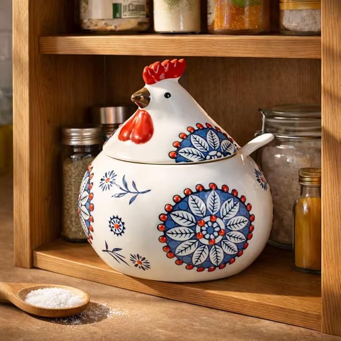 13oz ceramic lidded spice jar with a small spoon. Features a cute country rooster design, perfect for kitchen countertop decor. Suitable for storing salt, spices, coffee, candy, and sugar.