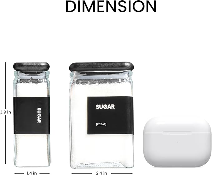 APT 1101 4 oz Glass Square Spice Jars with Labels, Glass Jars with Bamboo Lids, Spice Bottles, Seasoning Organizer, 12 Pack (Black)